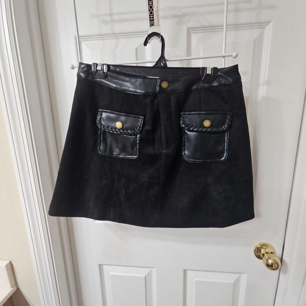 Miou Muse Ventitre Black Faux Leather Trim and Suede Mini Skirt Size L